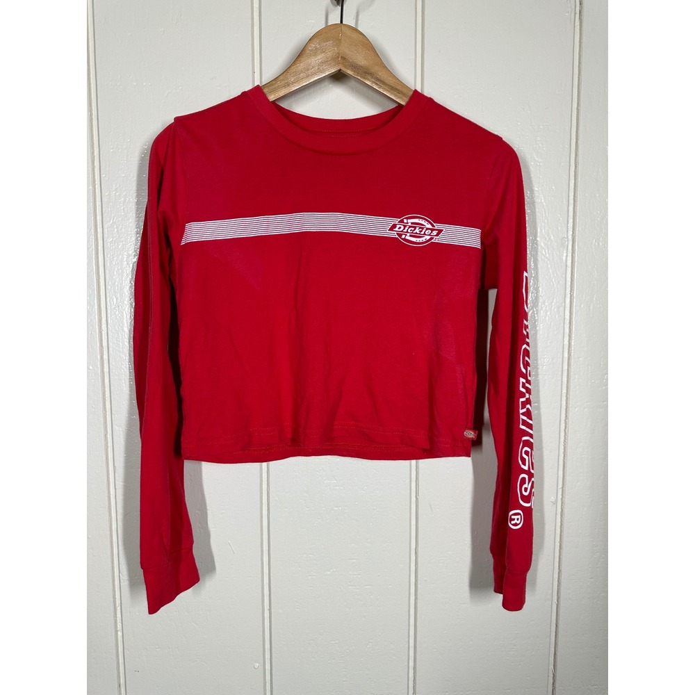 Dickies Long Sleeve Shirt Womens S Red Logo Graphic Crop Top Streetwear Striped